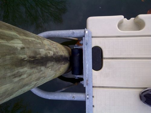 ez dock anchored to wooden pylon